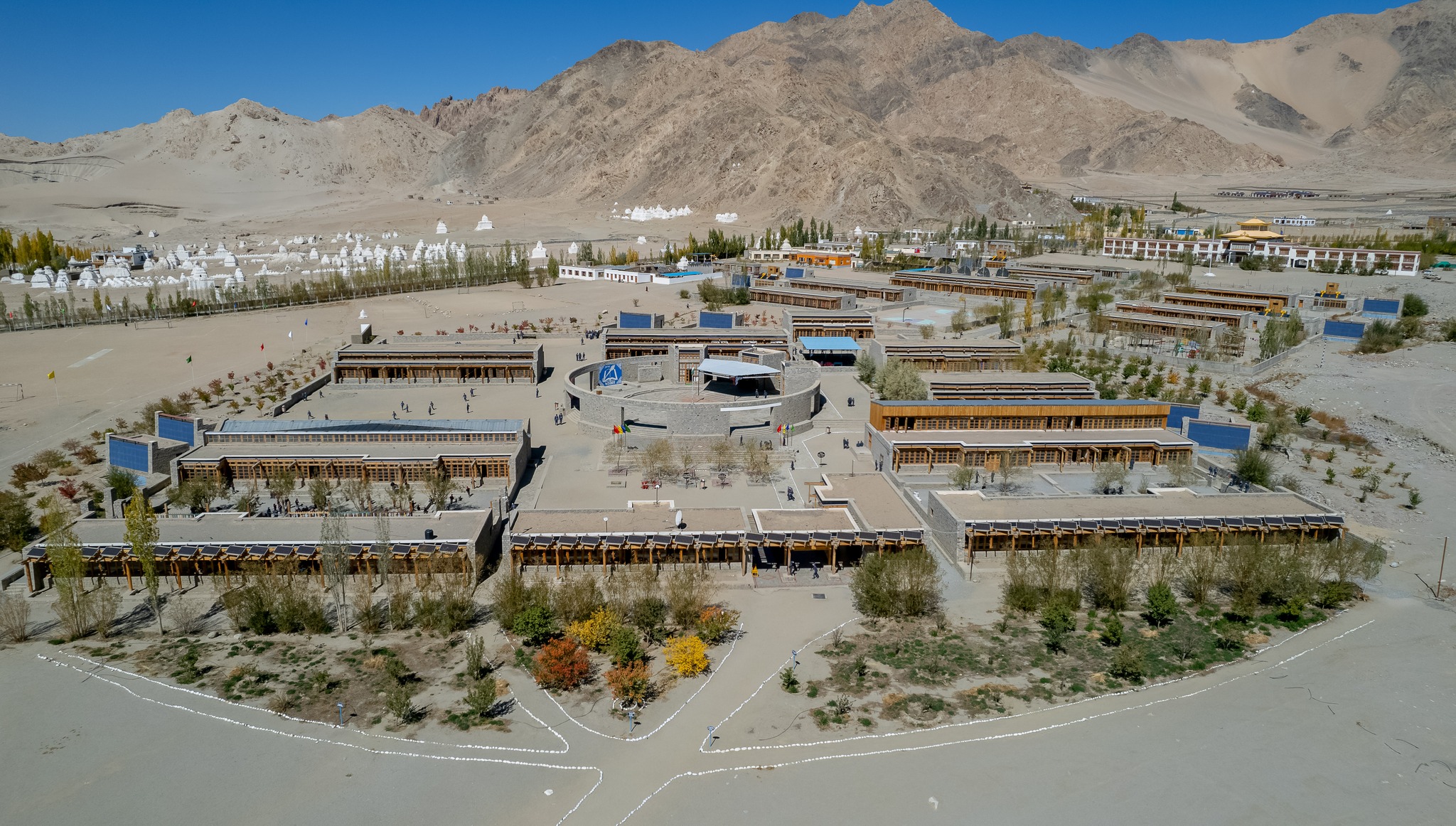 Aerial drone front classrooms campus October 2022